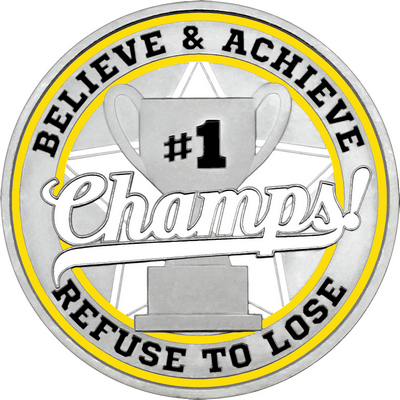 White "Champs!" with Yellow Outer Circular Borders